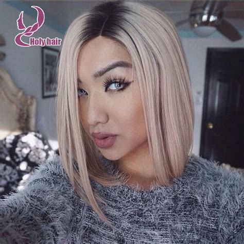 Short Haircut Ombre Blonde Lace Wig Human Dark Roots