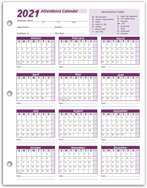 2021 Employee Attendance Calendar Calendar 2021