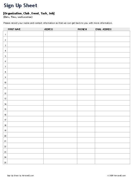Sign Up Sheet Template 3 Printable Samples