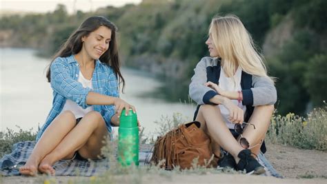 Best Friends Hiking Together Two Young Women Drinking Hot