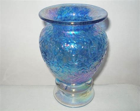 Spellbinding Exquisite Iridescent Blue Signed 5 In Glass Vase Intensely