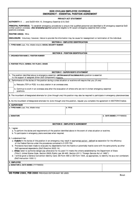 Fillable Dd Form 2365 Dod Civilian Employee Overseas Emergency
