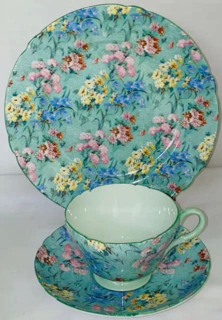 Shelley China Melody Chintz Cup And Saucer And 8 Plate Trio Setgreen