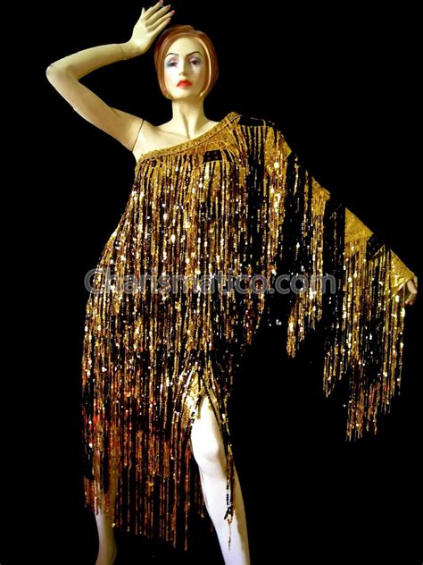 Gold Black Shiny Fringe One Shoulder Drag Queen Dress