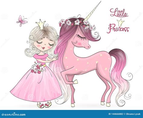 Hand Drawn Beautiful Cute Little Unicorn With Princess Girl Stock