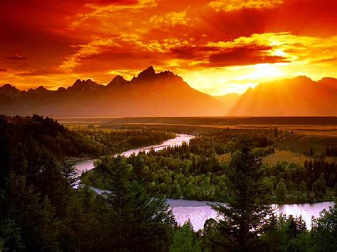 Red Sky Sunlight Sunset Curve River Pine Forest Rocky Mountain Peaks