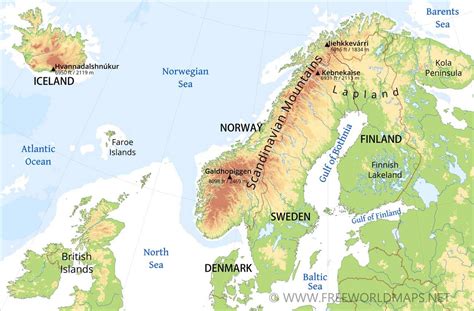 Physical Map Of Scandinavia Norway Sweden Finnland Denmark Iceland
