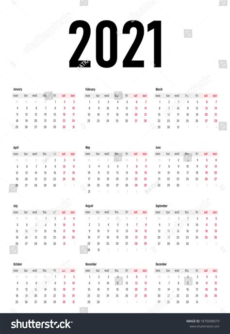 Tradicional Calendar Calendar 2021 Template Calendar Stock Vector