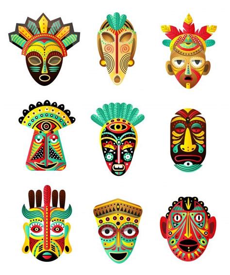 Conjunto De Coloridas Máscaras étnicas Africanas Mexicanas Elemento Ritual Vector Premium