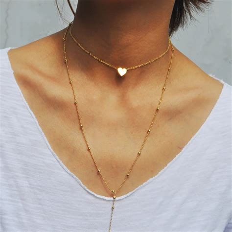 Zinc Alloy Layer Necklaces Gold Color With Heart Long Necklace For