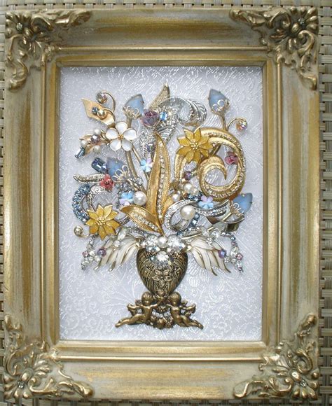 Vintage Rhinestone Jewelry Art Framed Flower Bouquet Pin Tree Vintage