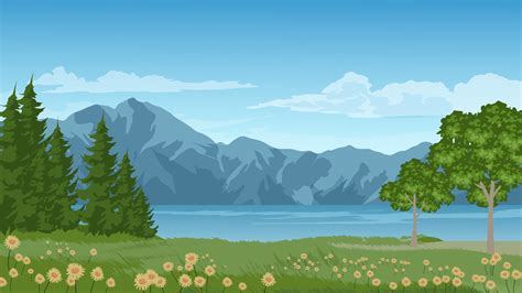 Landscape With Mountain Lake Trees In Grassland With Flowers 4511460