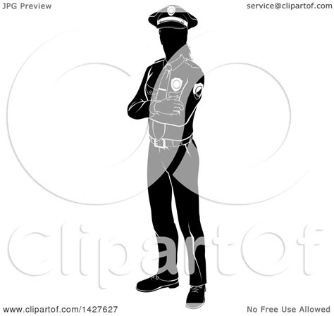 Clipart Of A Black And White Silhouetted Standing Female Police Officer