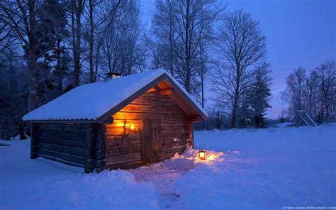 Download 1920x1080 Cabin Forest Winter Snow Light Wallpapers For