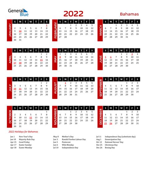 2022 Bahamas Calendar With Holidays