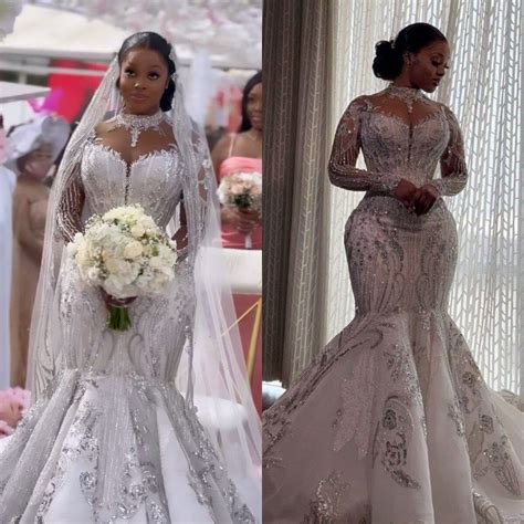 African Mermaid Wedding Dresses Lace Long Sleeved Bridal Gowns Sequin