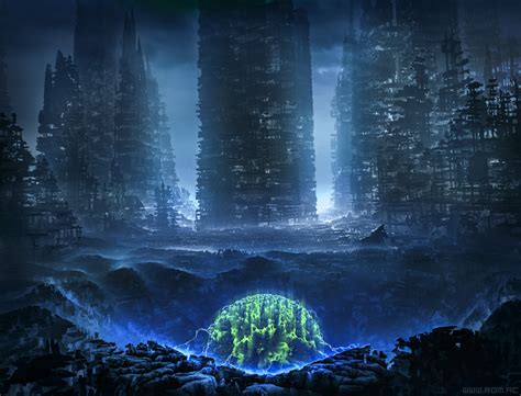 Romantically Apocalyptic Science Fiction Glowing Orb Green Blue City
