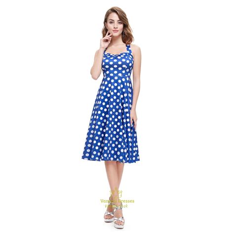 Blue And White Halter Knee Length Polka Dot Sleeveless Summer Dress