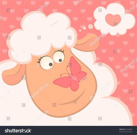 Cartoon Smiling Sheep With Butterfly Stock Photo 59358493