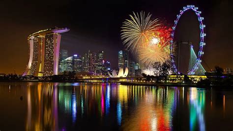Singapore Nightlife Sky Tower Buildings Lights Night Time Night