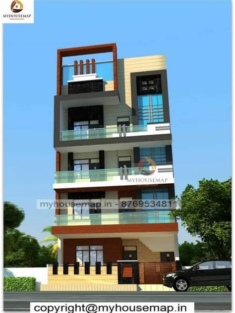 4 Floor House Elevation Design With Boundary Wall And Car Parking