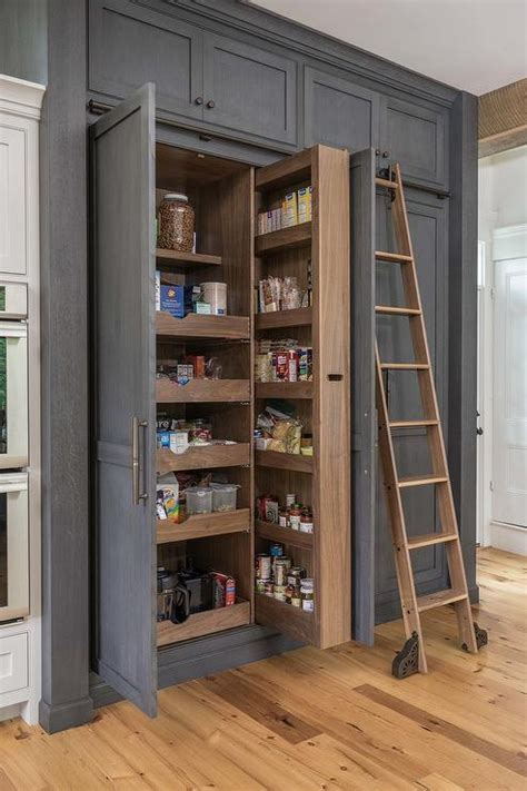 Gray Cabinets With Stacked Pull Out Pantry Shelves Transitional