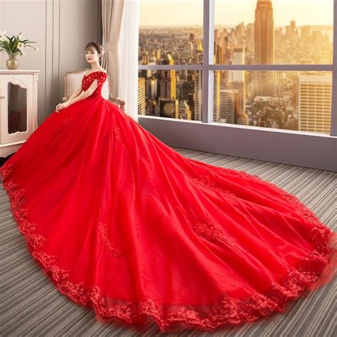 Chic Beautiful Red Wedding Dresses 2019 Ball Gown Off The Shoulder