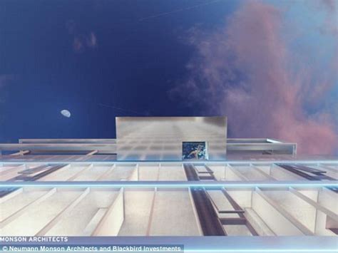 Glass pool top of building. Cantilevered pool hanging 11 feet from the side of an ...