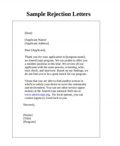 7rejection Letter Templates 7 Free Sample Example Format Download