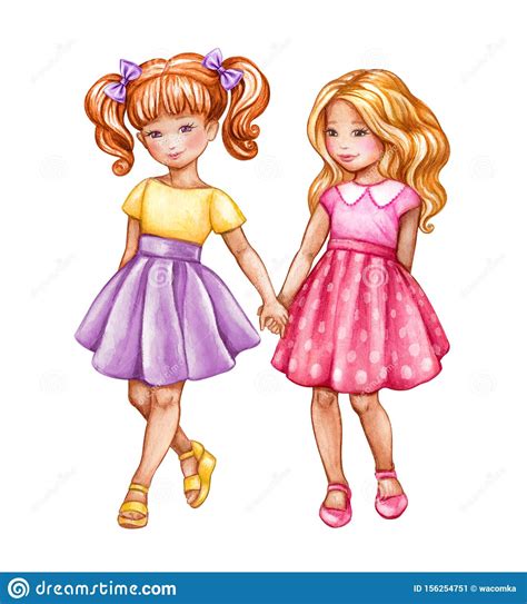 Watercolor Illustration Best Friends Cute Girls Holding