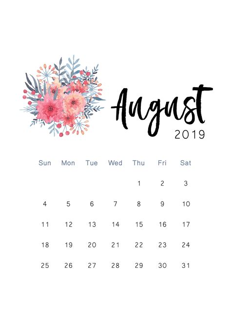 Blank August 2019 Calendar Printable Template Editable Wallpaper