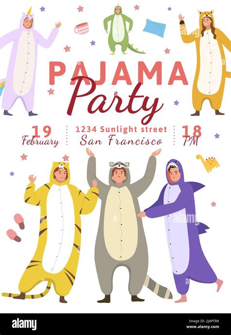 Pajama Party Flat Invitation Poster With Happy Human Characters Wearing
