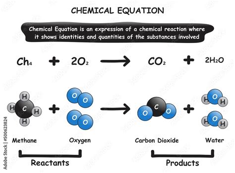 chemical equation infographic diagram showing identities and quantities of reactants products