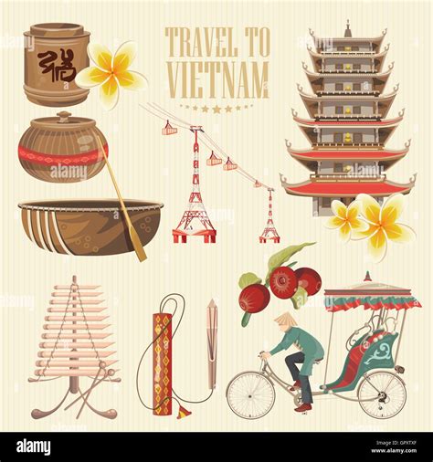 Travel To Vietnam Set Of Traditional Vietnamese Cultural Symbols Stock