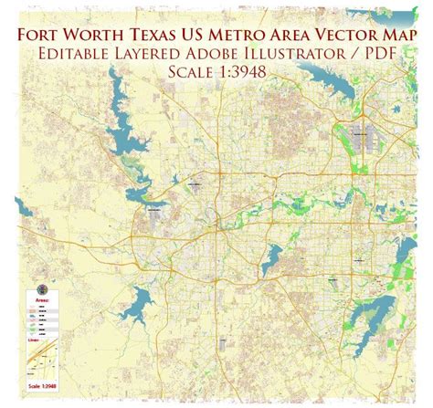 Fort Worth Texas Us Map Vector Metro Area Accurate High Detailed City