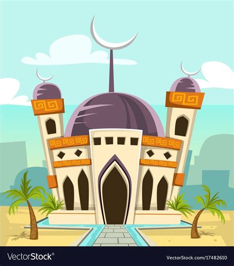 Vector Cartoon Tall Mosque Building Illustration With River Park And
