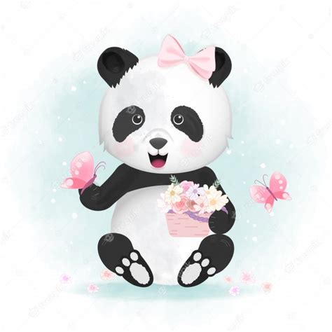 Premium Vector Panda With Butterfly And Flower Basket Illustration