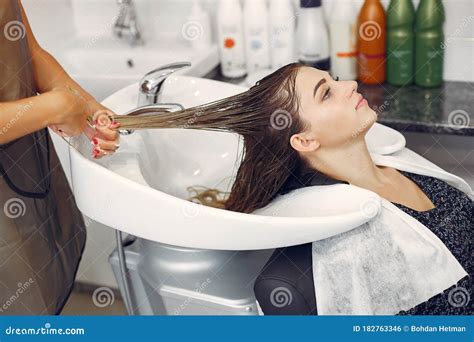 Woman Washing Head In A Hairsalon Stock Photo Image Of Famale