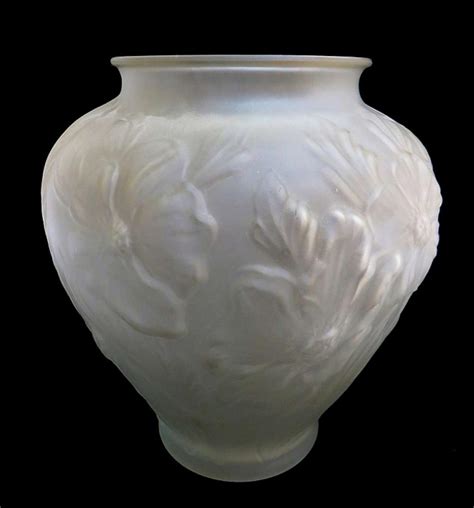 Antique Moulded Frosted Glass Vase With Poppy Design