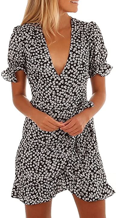 Lauriney Dresses Womens Floral Print Short Sleeve Mini V Neck Dress