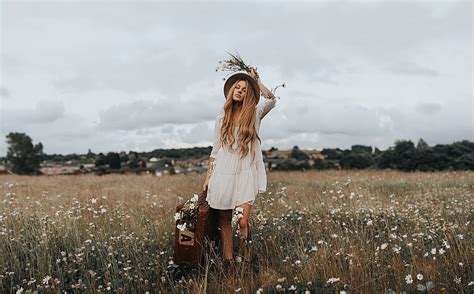 Hd Wallpaper Women Mood Blonde Field Girl Hat Model Suitcase