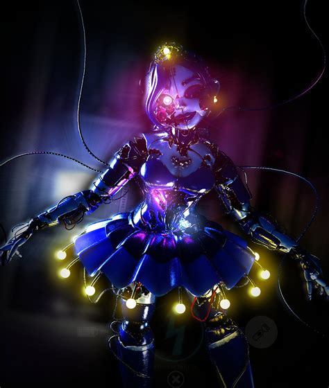 A Futuristic Woman Dressed In Blue And Purple With Yellow Lights Around