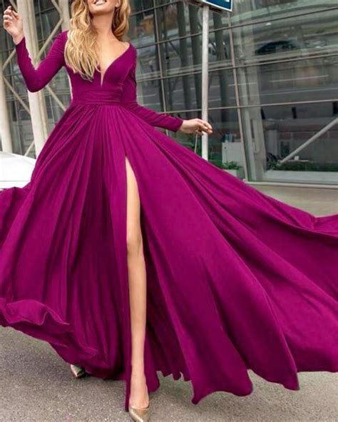 Long Sleeves Fuchsia Pink Evening Dresses Women Party Gown Wilt Long S