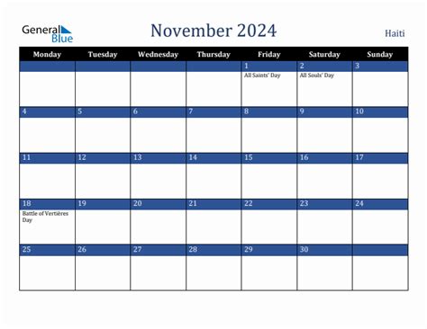 November 2024 Haiti Monthly Calendar With Holidays