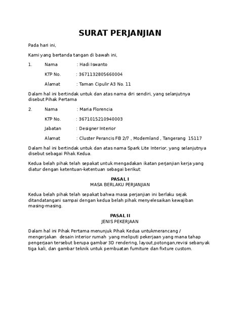 2.4.1 rencana kerja sebelum pelaksanaan kegiatan proyek konstruksi dimulai, biasanya didahului dengan penyusunan rencana kerja yang disesuaikan dengan metode konstruksi yang akan digunakan. (DOC) Contoh Surat Perjanjian Proyek Desain Interior | Maria Florencia - Academia.edu