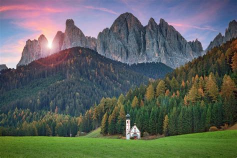 Italy South Tyrol Val Di Funes Church Temple Forest Mountain