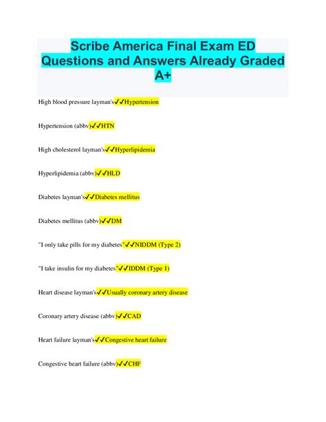 Scribe America Final Exam ED Questions and Answers Already Graded A+