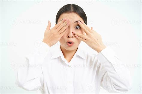 Asian Woman Entrepreneur Businesswoman Shuts Her Eyes With Hands Stands Blindfolded Against
