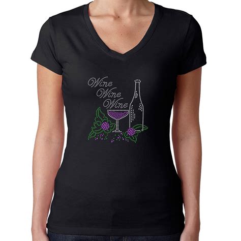 Womens T Shirt Rhinestone Bling Black Tee Wine Wine Glass Bottle V Neck X Large