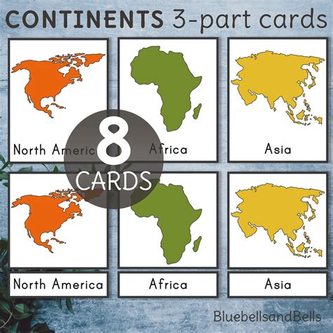Continents Montessori Printable 3 Part Cards Etsy